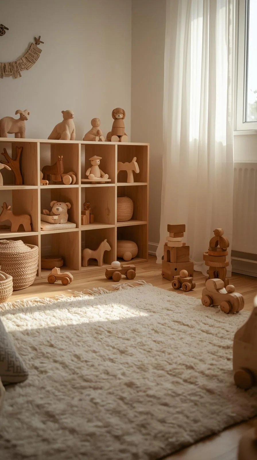 Wooden toys in a Waldorf playroom setup with blocks, animals, and figures arranged on open shelves.