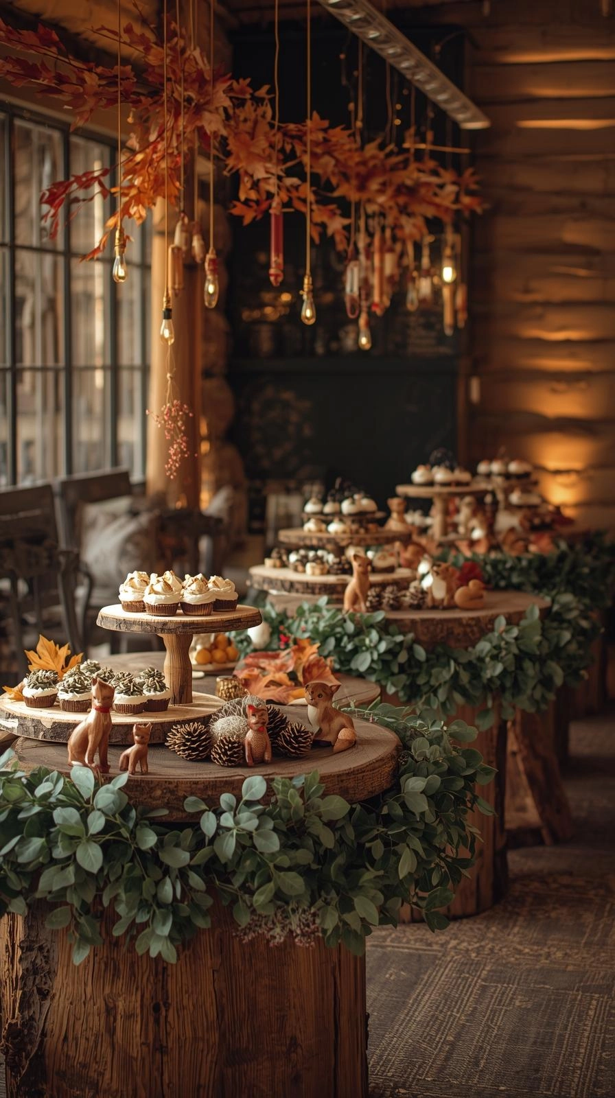 Woodland fall baby shower with pinecones, leafy garlands, and rustic tree-slice serving boards.