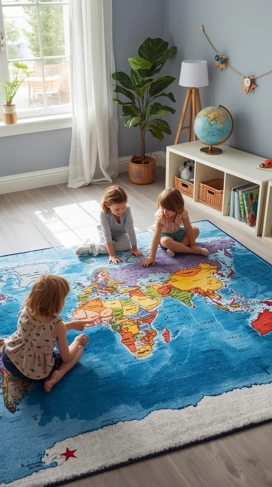 World map playroom rug with kids exploring continents and oceans, showcasing educational and adventurous playroom rug ideas.