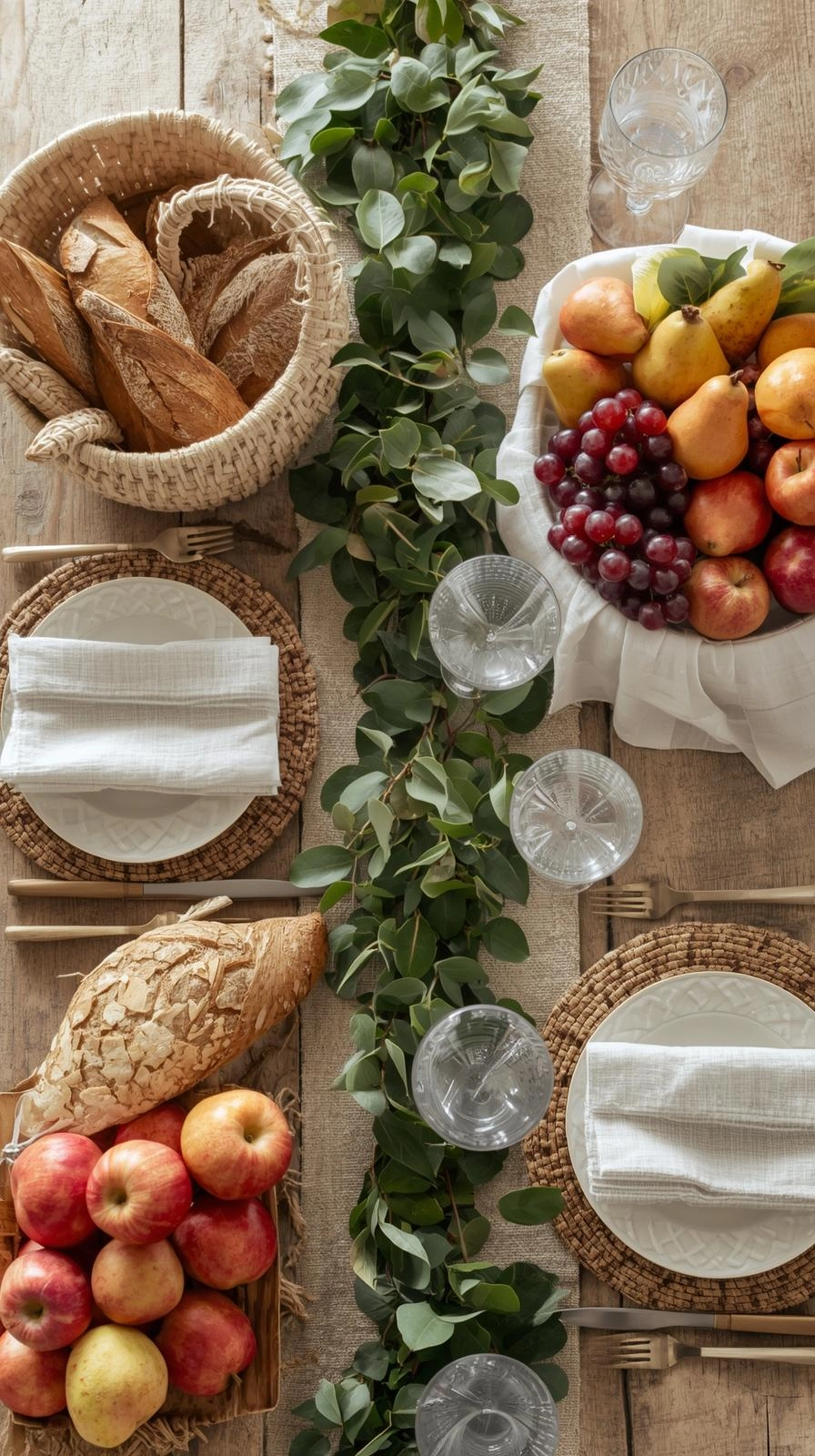 Fun natural table settings ideas with woven rattan baskets filled with fresh bread and seasonal fruits on a rustic dining table.