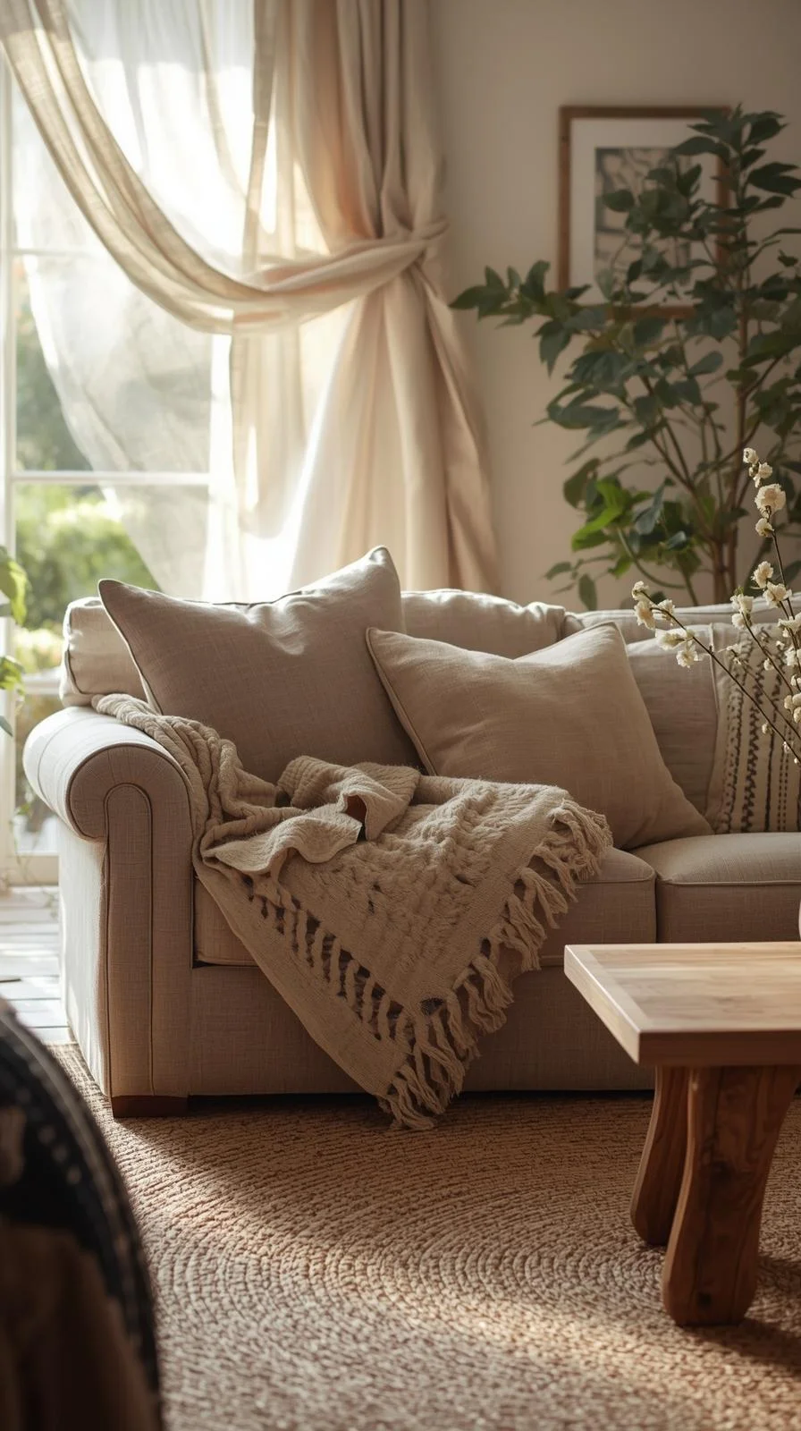 Earthy cottage home decor ideas with natural fiber textiles including linen curtains, wool blankets, and cotton pillows.