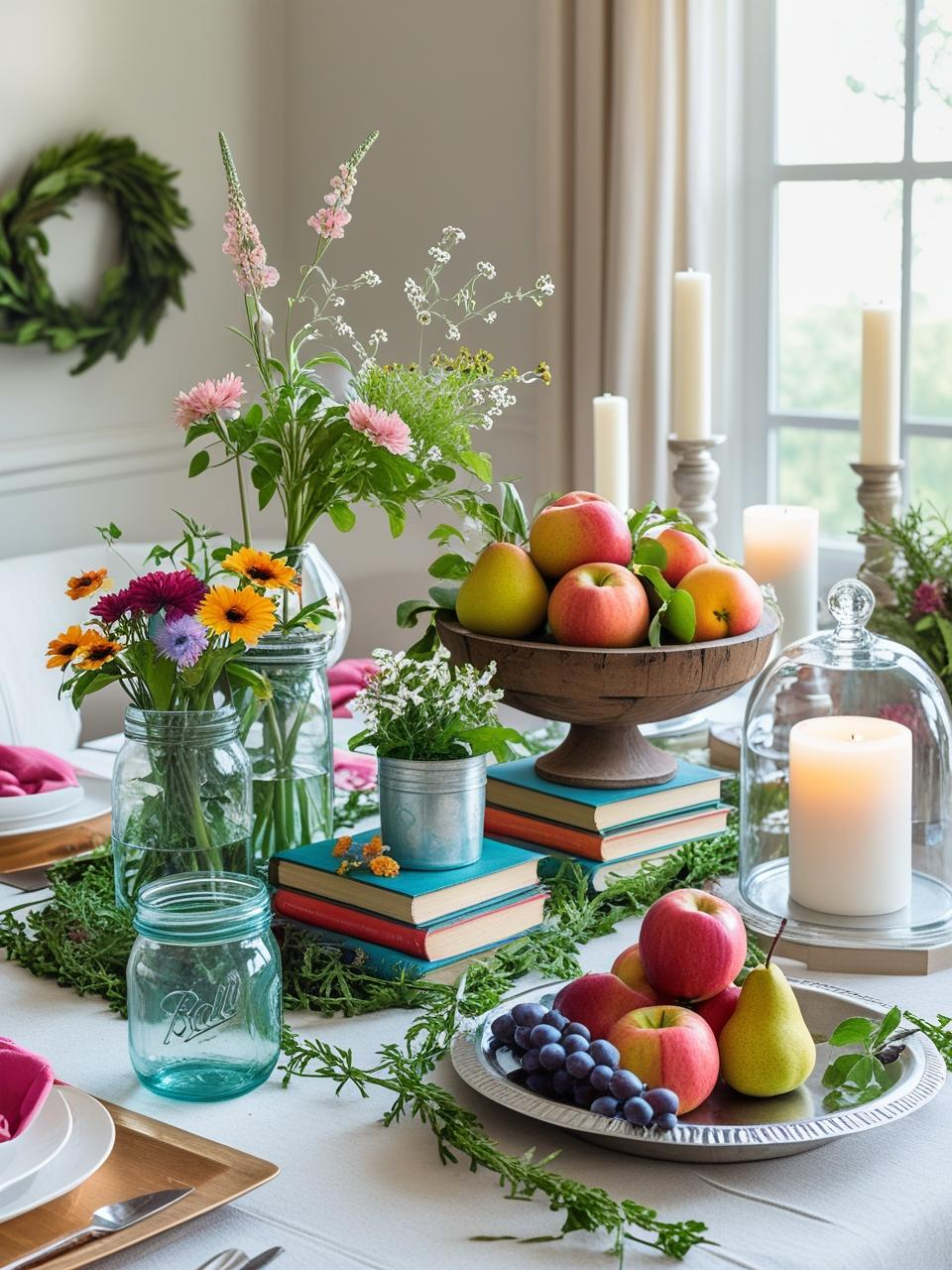 Colorful dining room table with multiple styled centerpieces including flowers, fruit, candles, and greenery – Dining Room Table Centerpiece Ideas.
