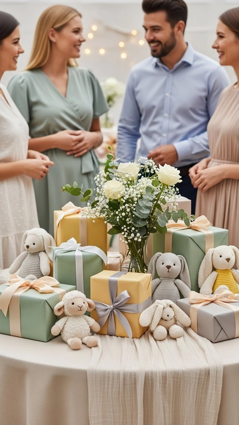 Gender neutral baby shower with gifts, soft toys, and neutral decorations centered on welcoming the baby.
