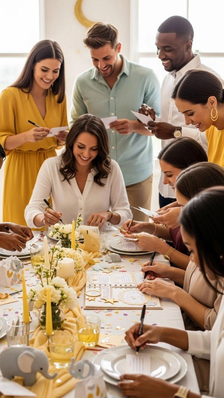 Guests participating in interactive gender neutral baby shower activities like writing notes and creating a scrapbook.
