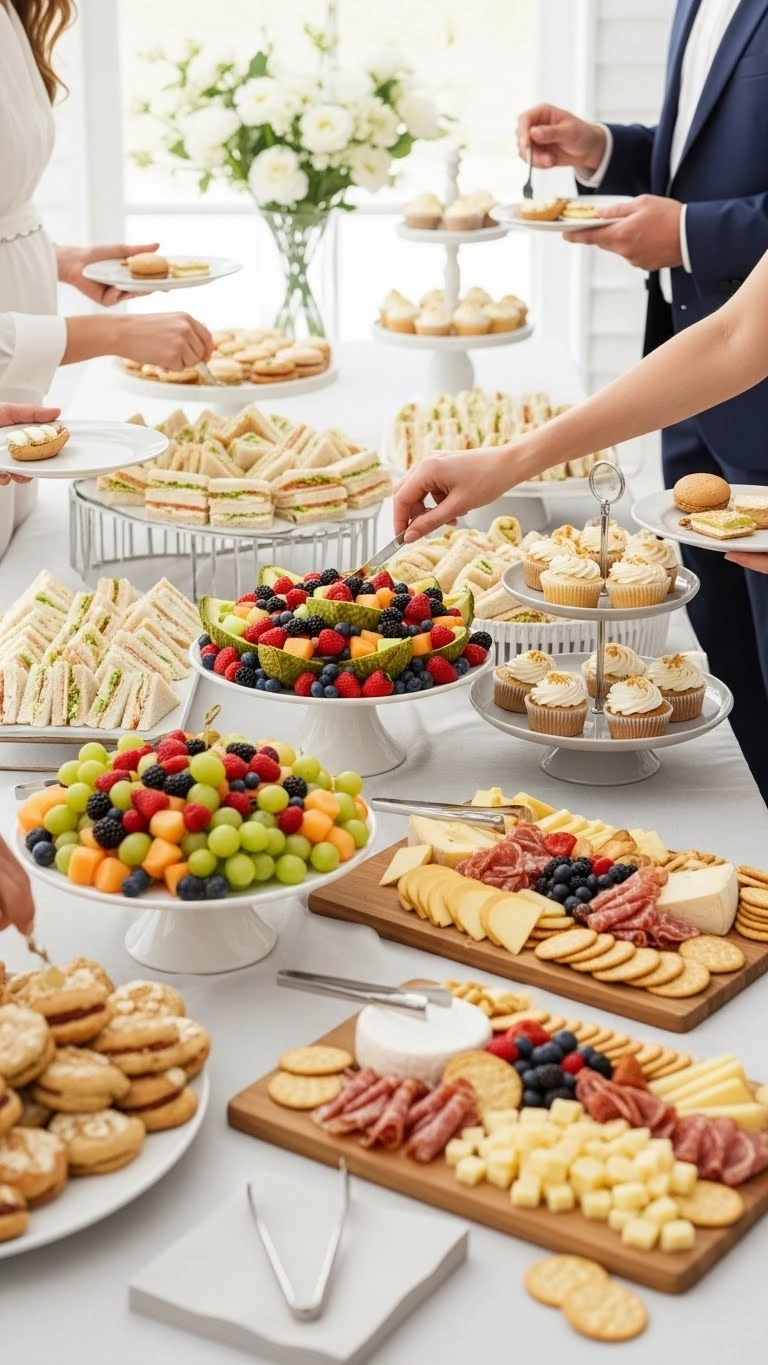 Gender neutral baby shower food table with neutral-toned sandwiches, fruits, and desserts in a realistic setup.