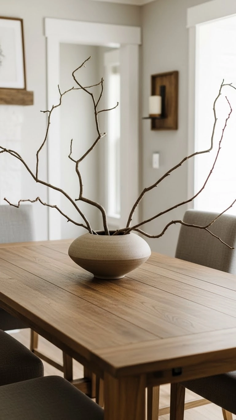 Low vase with natural branch arrangement as a rustic dining table centerpiece in a bright, calm dining room.