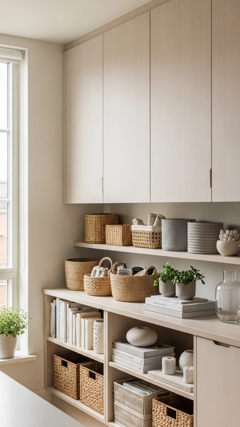 Organized storage in a peaceful living alone vibes apartment