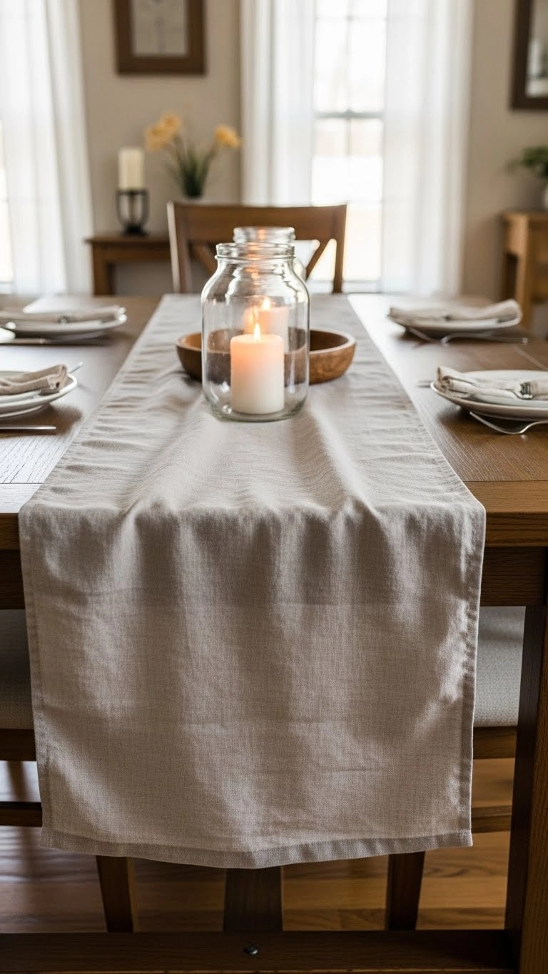Clear glass jar candle centerpiece on a rustic wooden dining table in a bright natural dining room.
