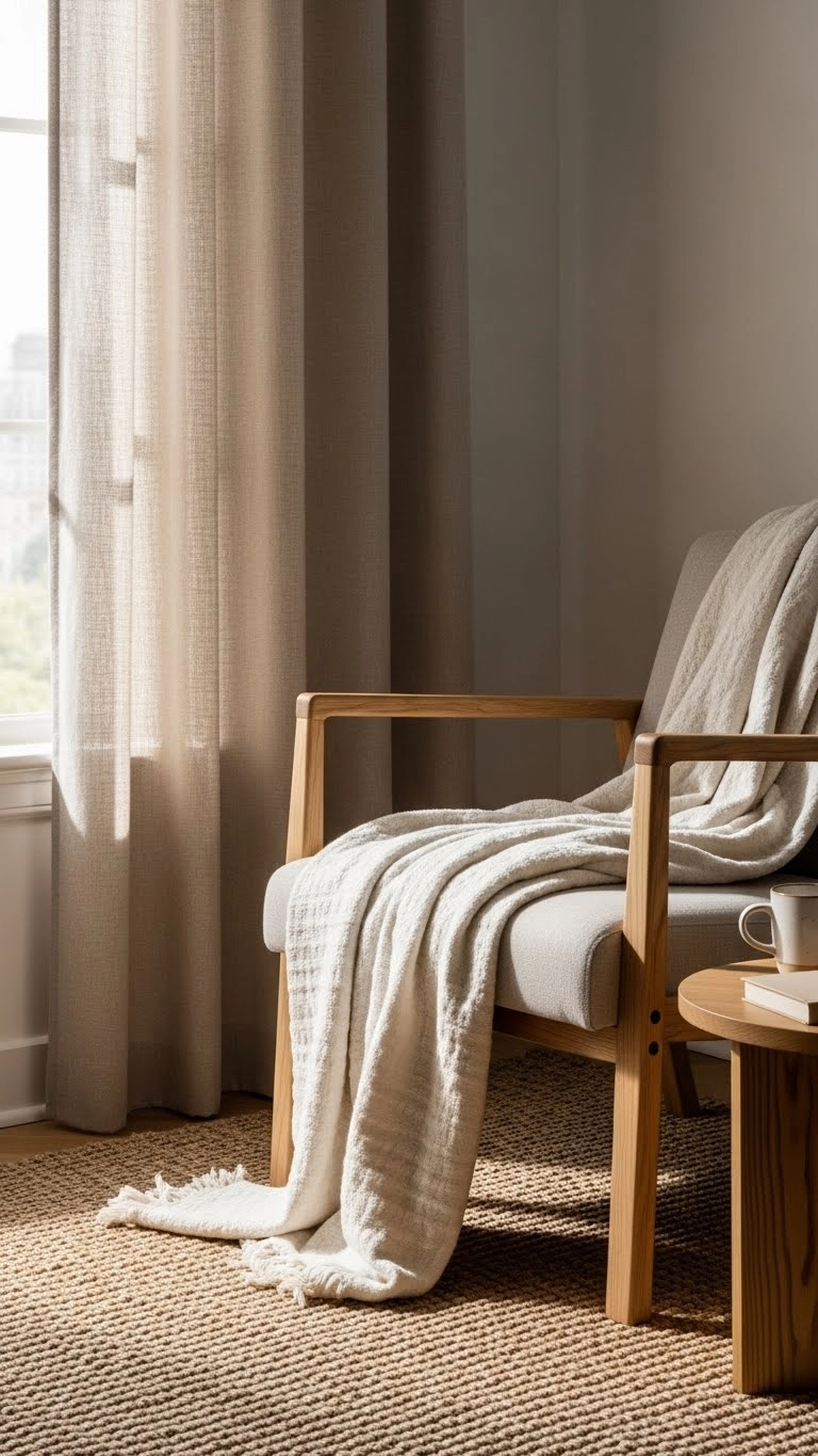 Natural textures like linen and wood in a living alone vibes apartment