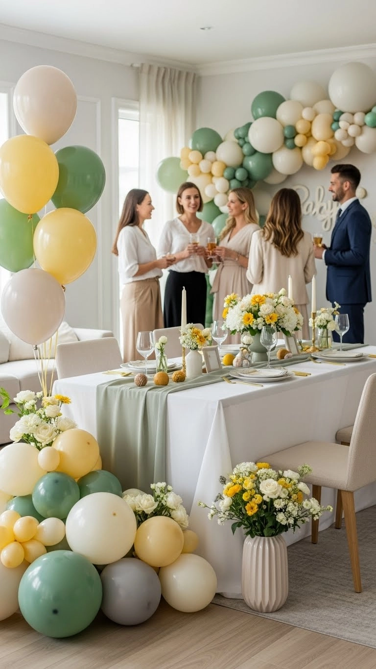 Gender neutral baby shower setup with neutral colors, balloons, flowers, and modern decorations in a bright, welcoming room.