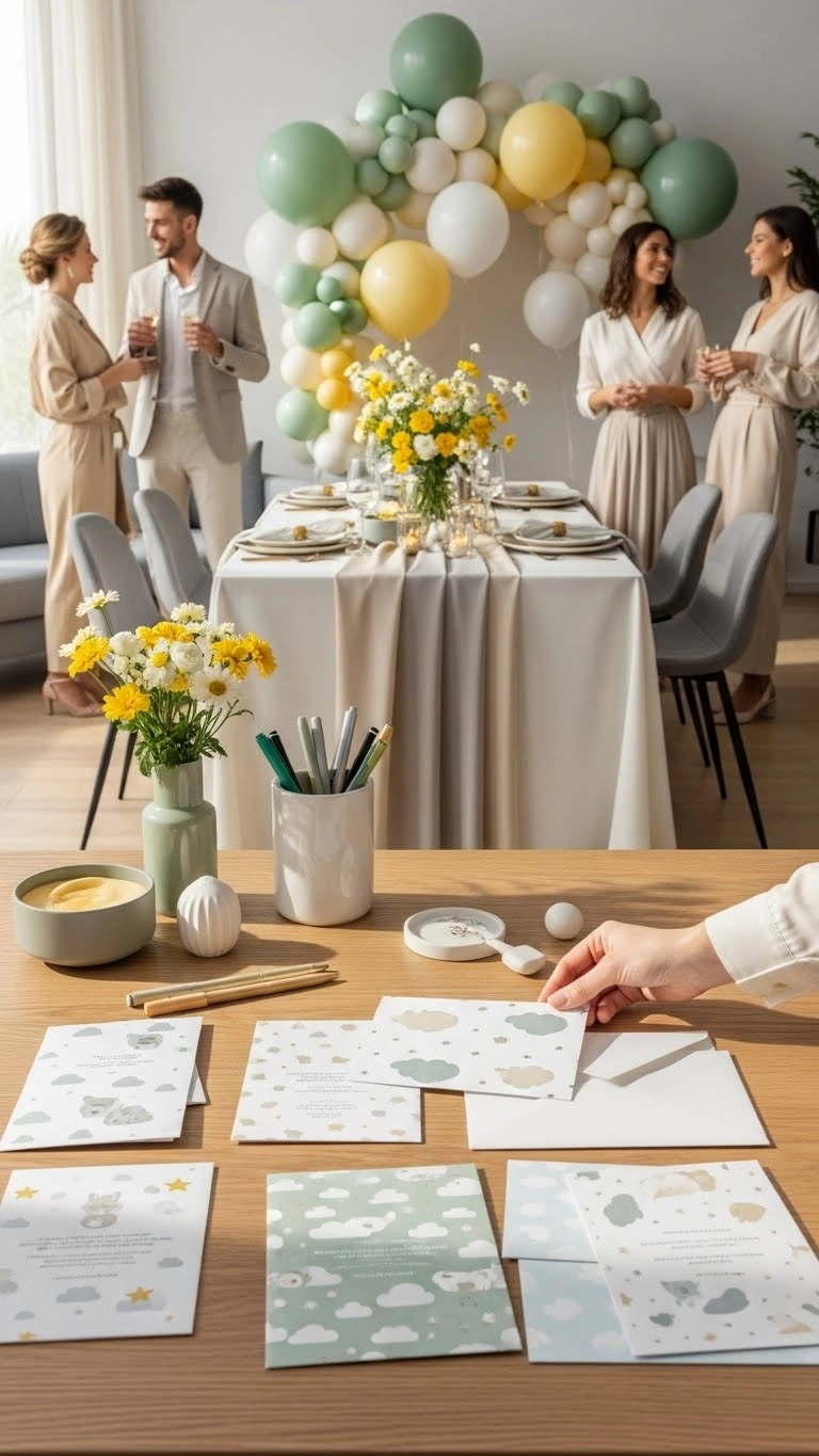Gender neutral baby shower invitations on a table with neutral patterns, neatly arranged for an inclusive celebration.