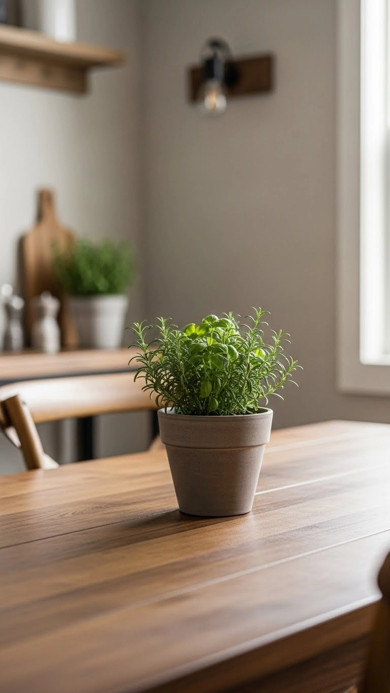 Small potted herb centerpiece on a rustic wooden dining table in a bright and natural dining room.