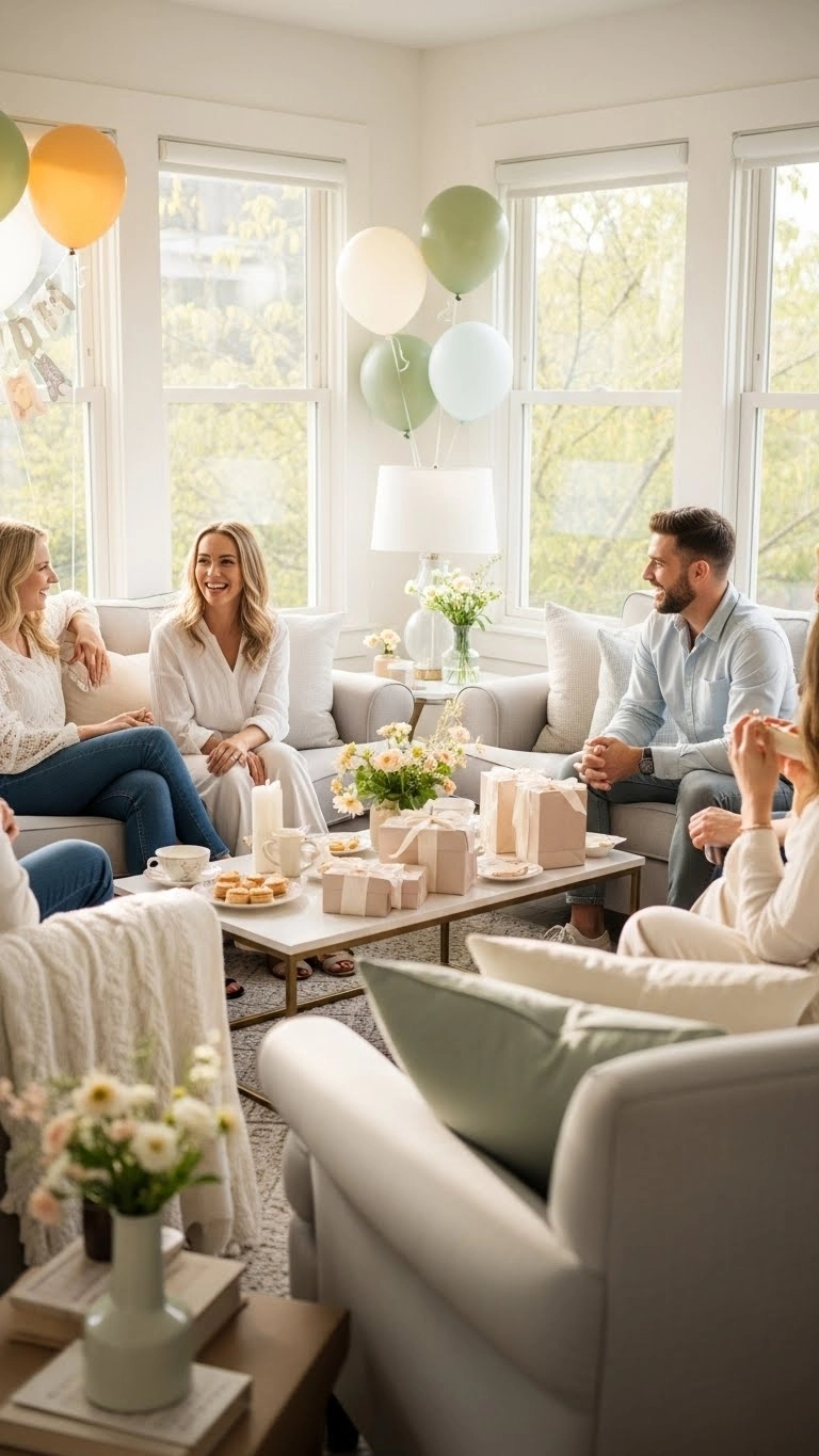 Gender neutral baby shower with a relaxed atmosphere, neutral colors, and guests chatting naturally in a bright room.
