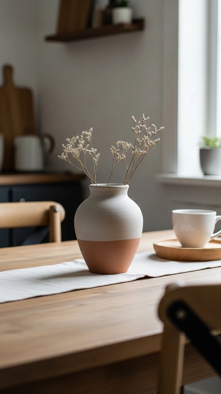 Simple clay vase with dried stems as a rustic dining table centerpiece in a bright and natural setting.