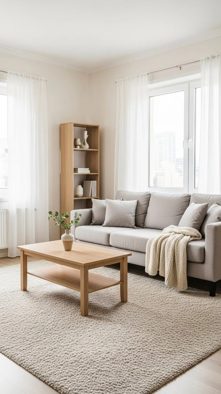 Rug and curtains defining space in a living alone vibes apartment