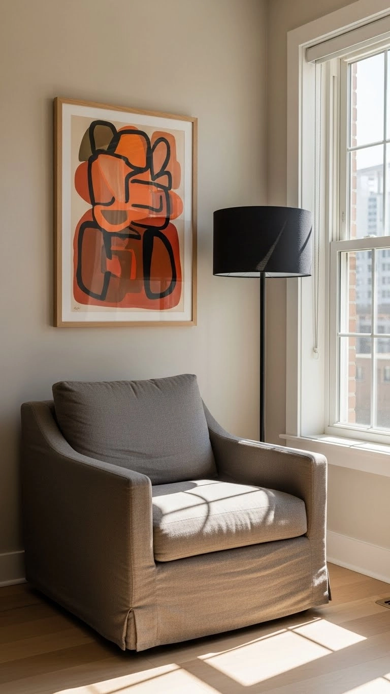 Statement corner in a living alone vibes apartment with reading chair, wall art, and soft lighting