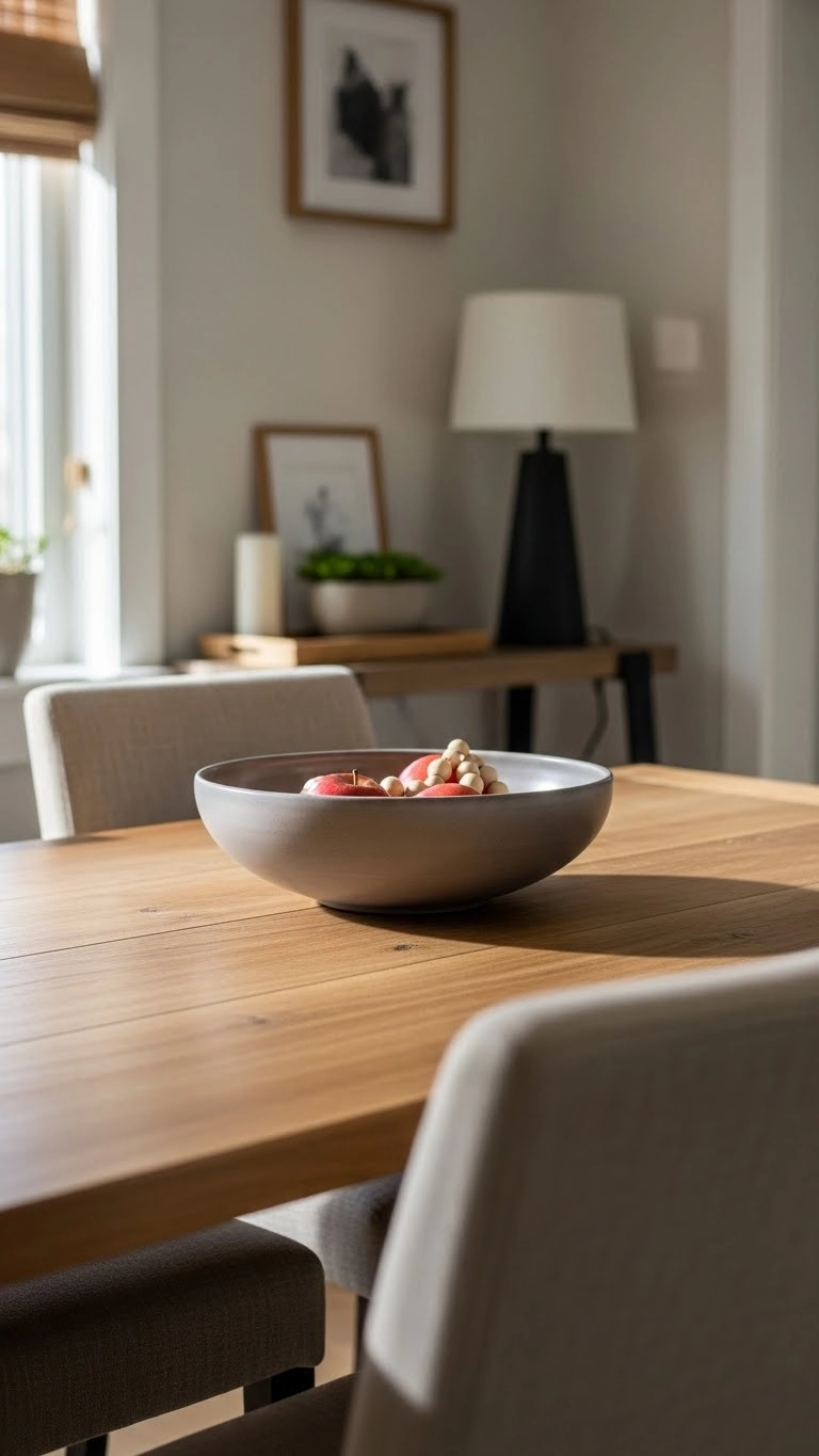 Stoneware bowl centerpiece on a rustic wooden dining table with simple seasonal items in a bright dining room.