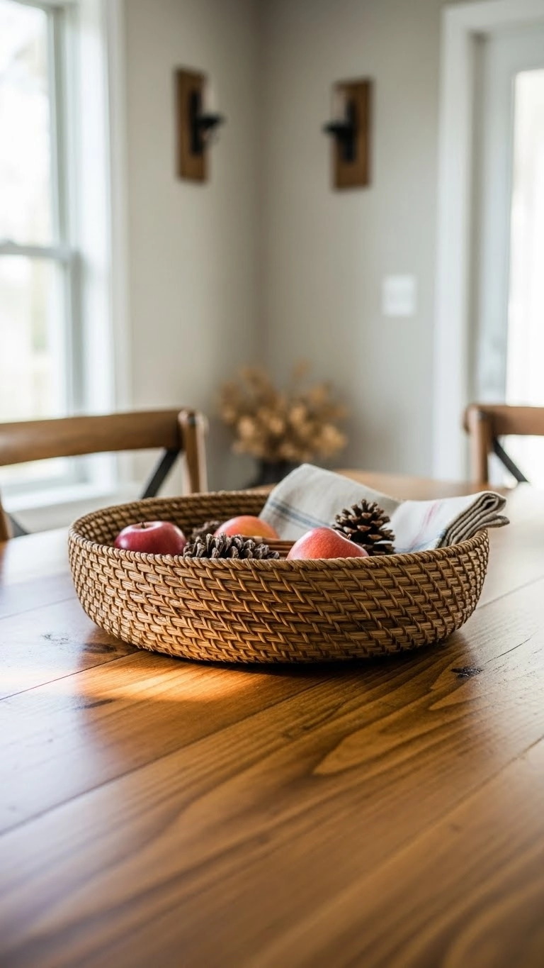Woven basket centerpiece on a rustic wooden dining table with seasonal items in a bright natural dining room.